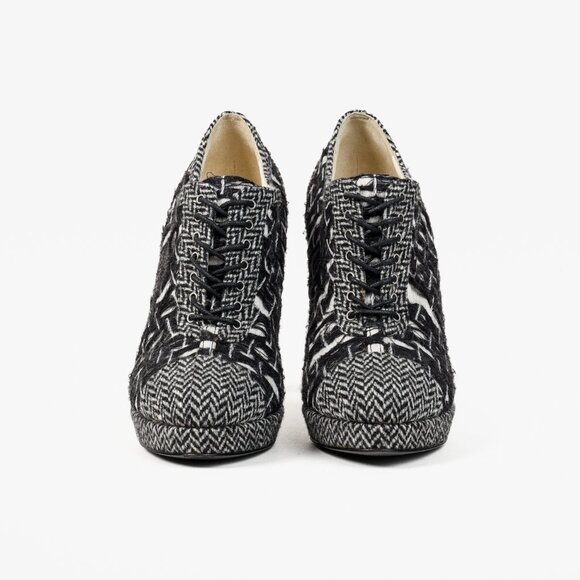 Chanel G27462 Wool Tweed Lace Up Silver Heel Booties - Picture 2 of 13